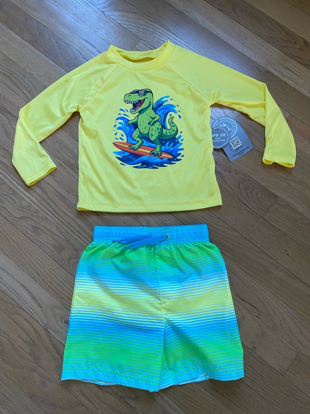 B4 ALL 3T Kids Yellow Dino Surf Long-Sleeve Rash Guard Set